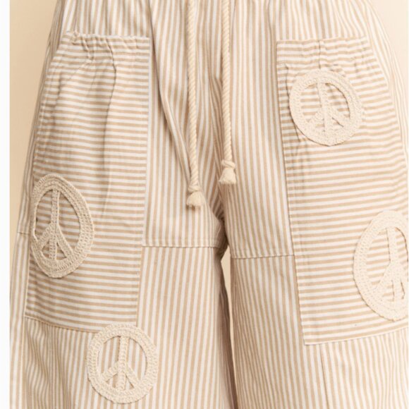 DD1 Davi & Dani Pinstripe Palazzo Peace Sign Pants in Taupe - Picture 2 of 8